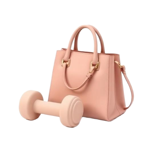 Ilustração 3D de um halter ao lado de uma bolsa casual